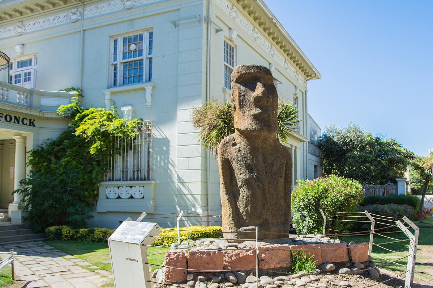 An authentic Easter Island moai statue in the garden in front of the Fonck Museum, Viña del Mar